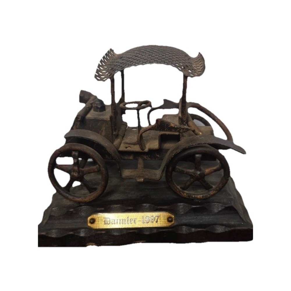 Vintage Metal 1897 Daimler Model Car Sculpture on Wood Base Antique Style Decor